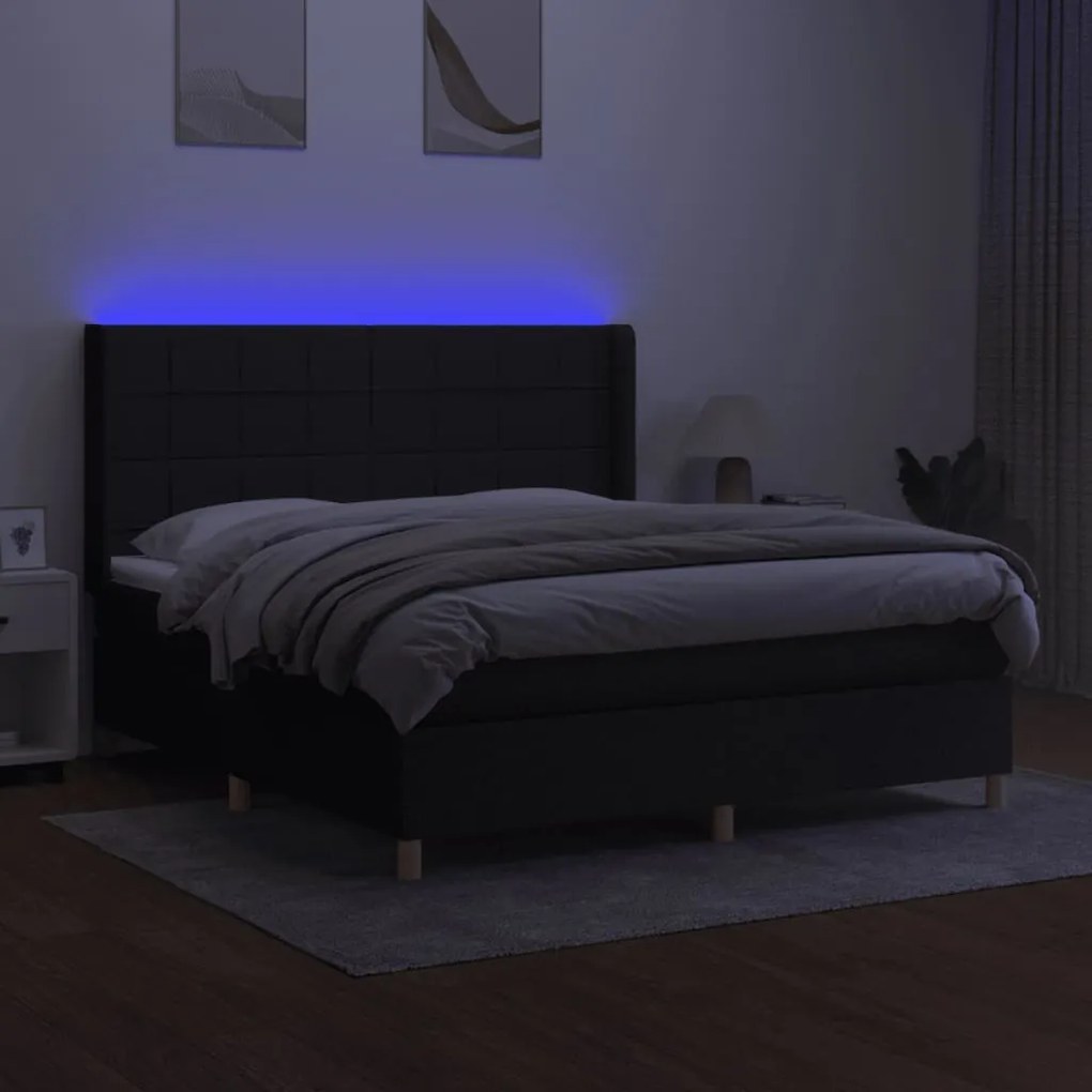 Κρεβάτι Boxspring με Στρώμα &amp; LED Μαύρο 180x200 εκ. Υφασμάτινο - Μαύρο