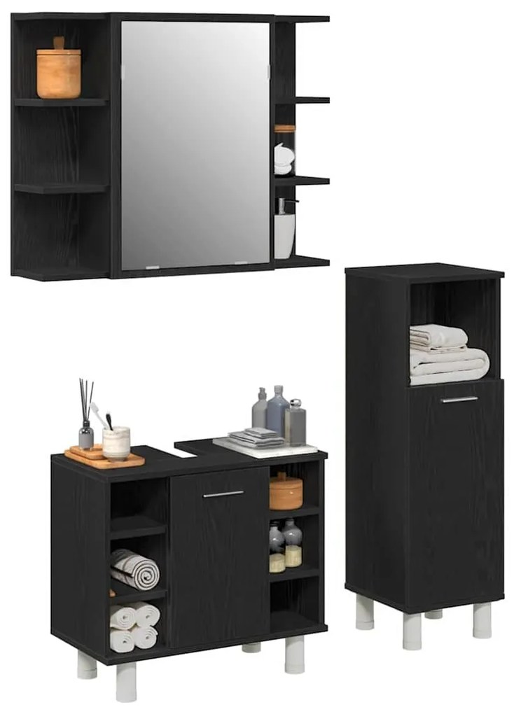 vidaXL Σετ Επίπλων Μπάνιου με ράφι 3 pcs Μαύρο 30 x 30 x 99.5 εκ