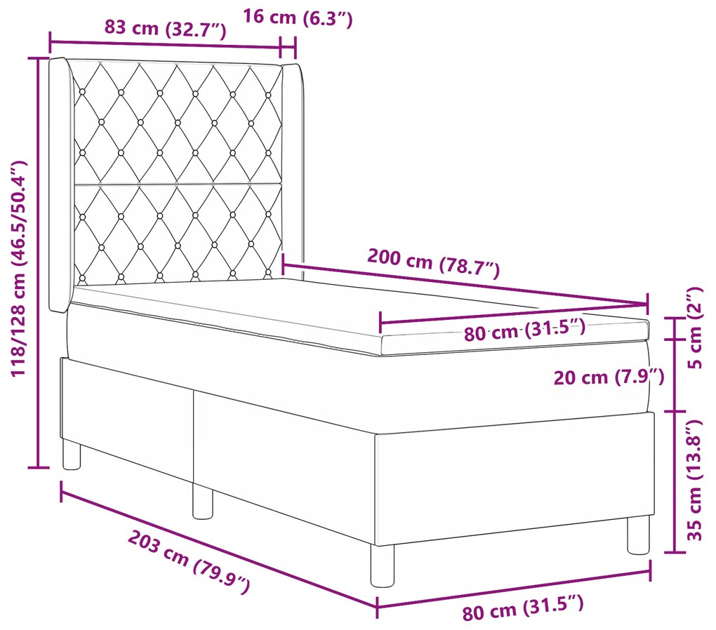 vidaXL Κρεβάτι Box Spring με Στρώμα Στενό Γκρι 80x200 εκ. Βελούδο