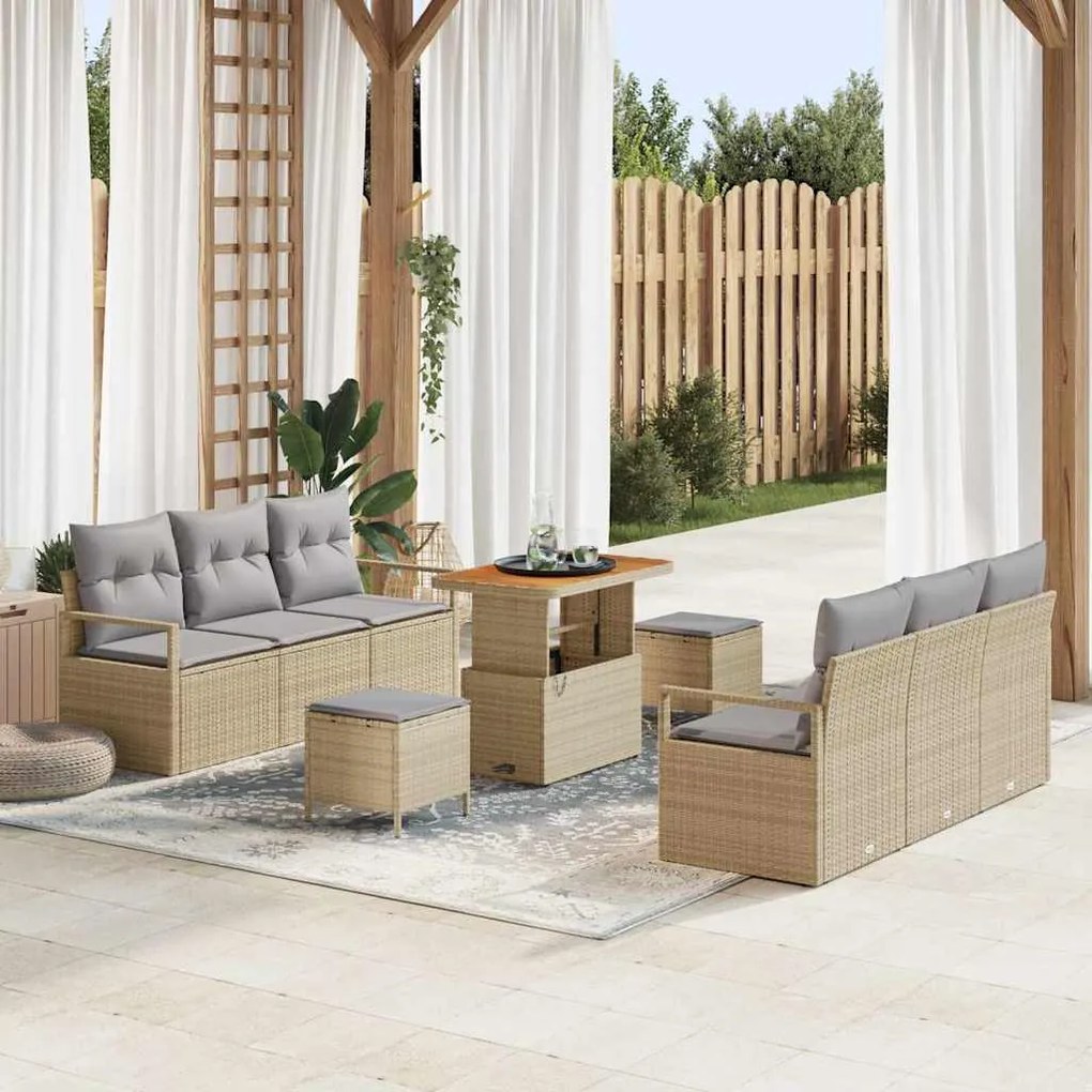vidaXL Σετ Καναπέ Κήπου με αποθήκευση 9 pcs Μπεζ Πολυ ράταν