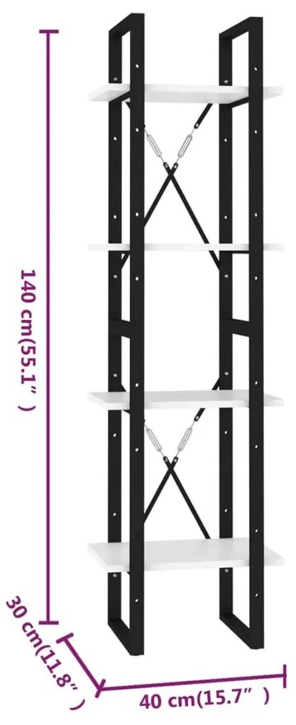 Βιβλιοθήκη με 4 Ράφια Λευκή 40 x 30 x 140 εκ. από Επεξ. Ξύλο - Λευκό