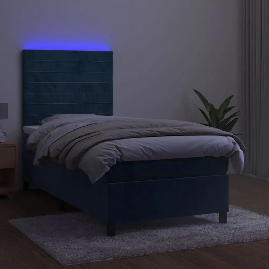 Κρεβάτι Boxspring με Στρώμα &amp; LED Σκ. Μπλε 90x190 εκ. Βελούδινο - Μπλε