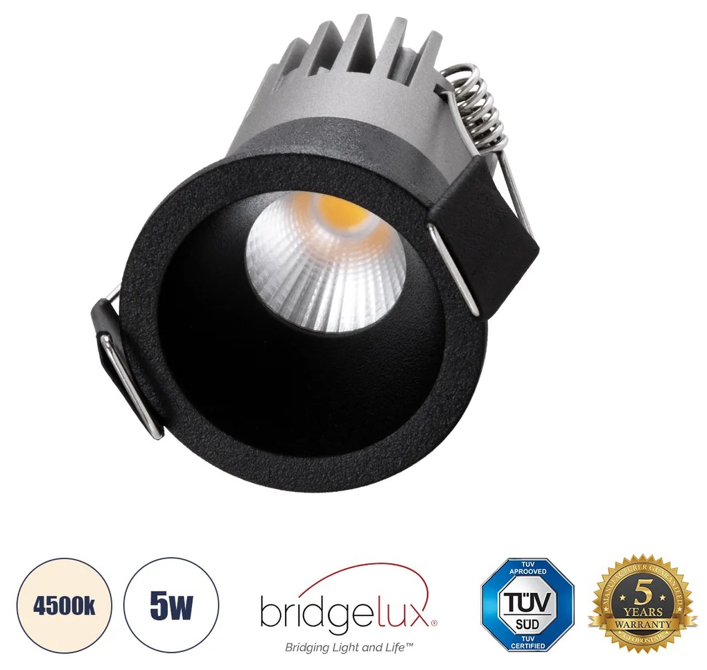 GloboStar® MICRO-S 60238 Χωνευτό LED Spot Downlight TrimLess Φ4cm 5W 650lm 38° AC 220-240V IP20 Φ4 x Υ5.9cm - Στρόγγυλο - Μαύρο - Φυσικό Λευκό 4500K - Bridgelux COB - 5 Years Warranty