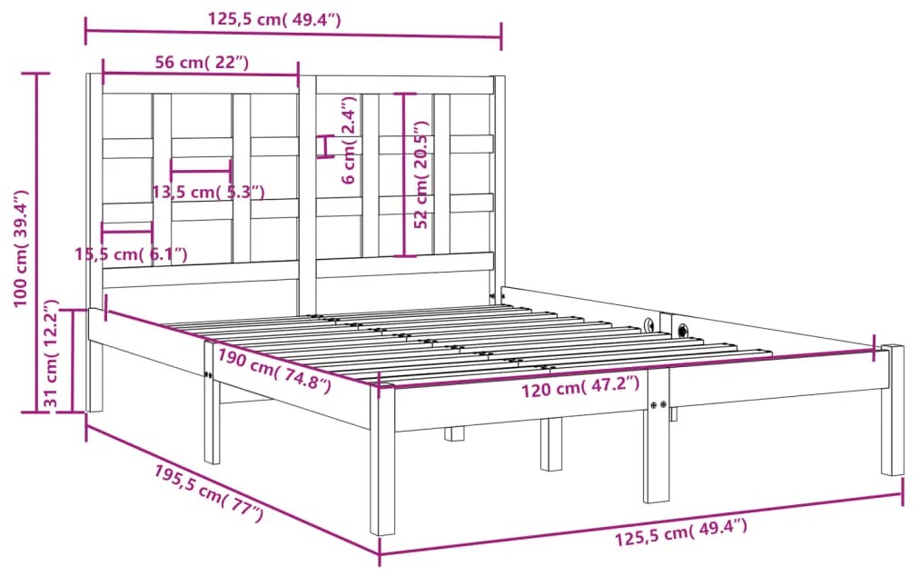 Πλαίσιο Κρεβατιού Μαύρο 120 x 190 εκ. Μασίφ Ξύλο Small Double - Μαύρο