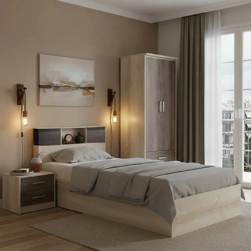 Σετ Κρεβατοκάμαρας Olympus Castillo Toro με Κρεβάτι 120x200εκ Σετ 3τεμ Υλικό: MDF. Μοριοσανίδα με επένδυση 3D Paper Wood 200-001449