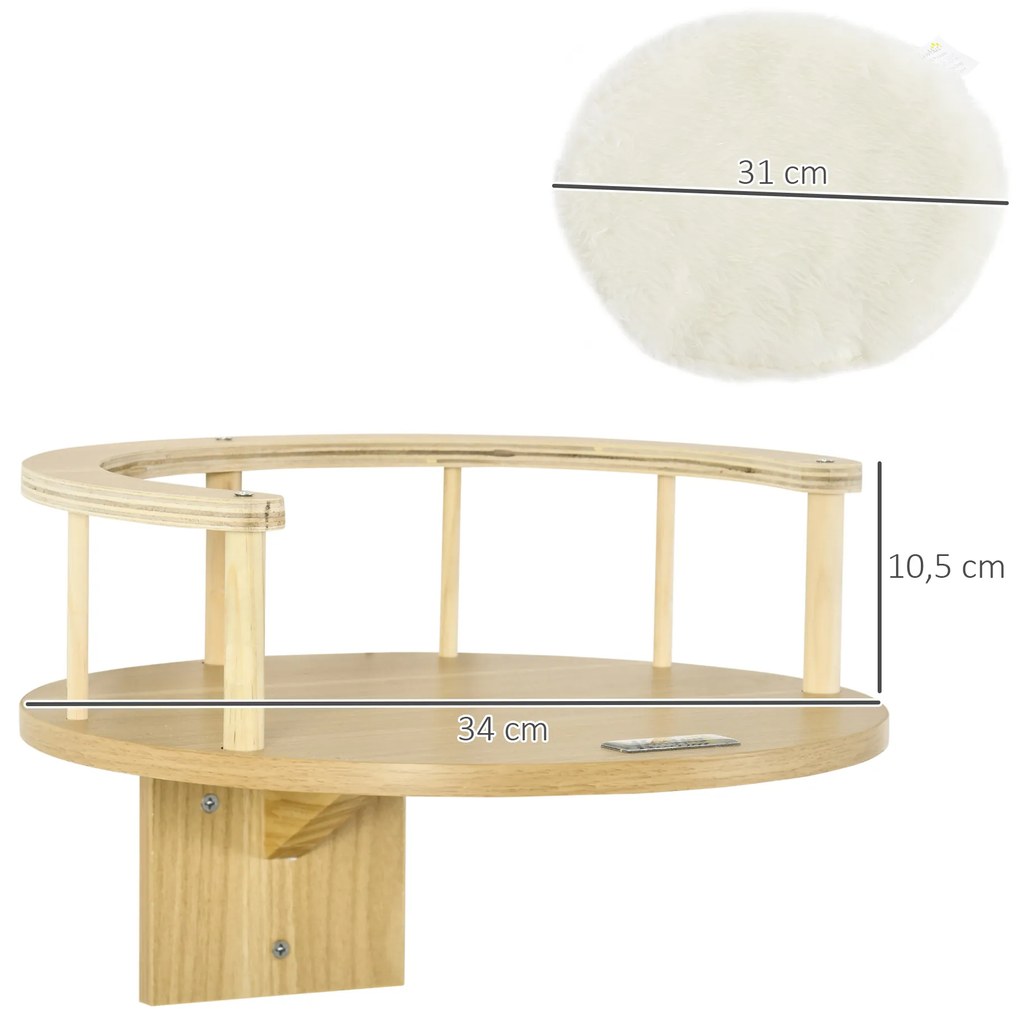 PawHut Wandliege, κρεβάτι γάτας, με προστατευτικό χείλος, μαξιλάρι ύπνου, για τοποθέτηση στον τοίχο, δρυς+κρεμ λευκό, 34 x 34 x 10,5 cm