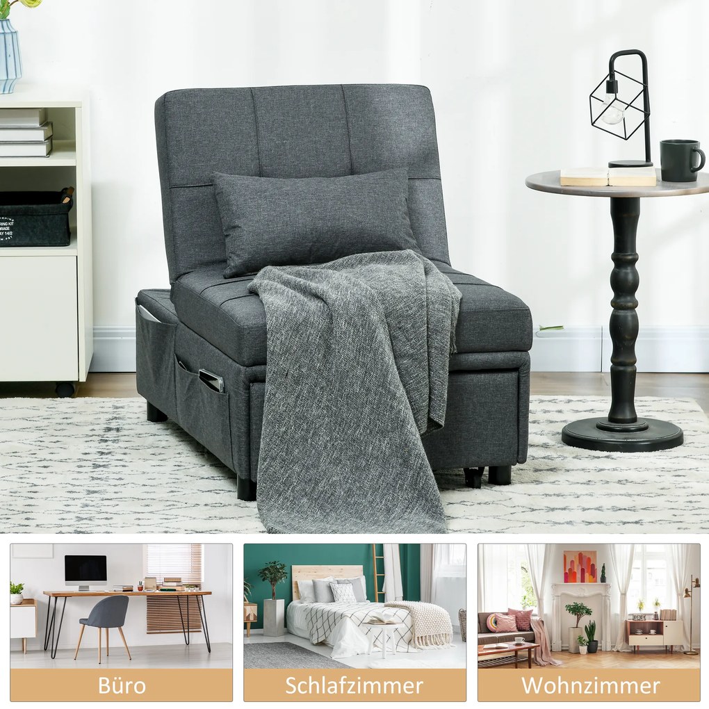 HOMCOM άνετος πολυθρόνας πολυθρόνας 3-σε-1 πολυθρόνας μοντέρνος, έως 150 kg, όψη λινάτσας, με μαξιλάρι, 65,5 x 104 x 81 cm, Σκούρο γκρι