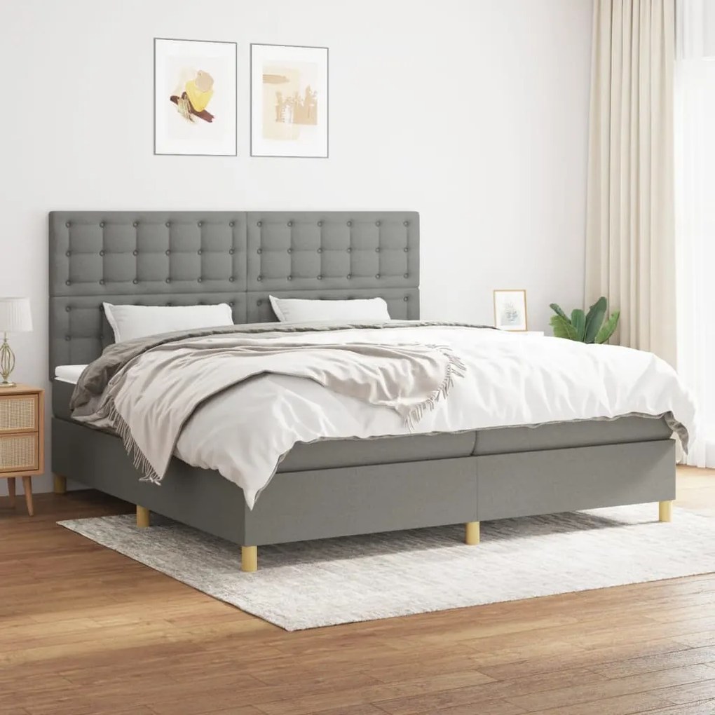 Κρεβάτι Boxspring με Στρώμα Σκούρο Γκρι 200x200 εκ. Υφασμάτινο - Γκρι