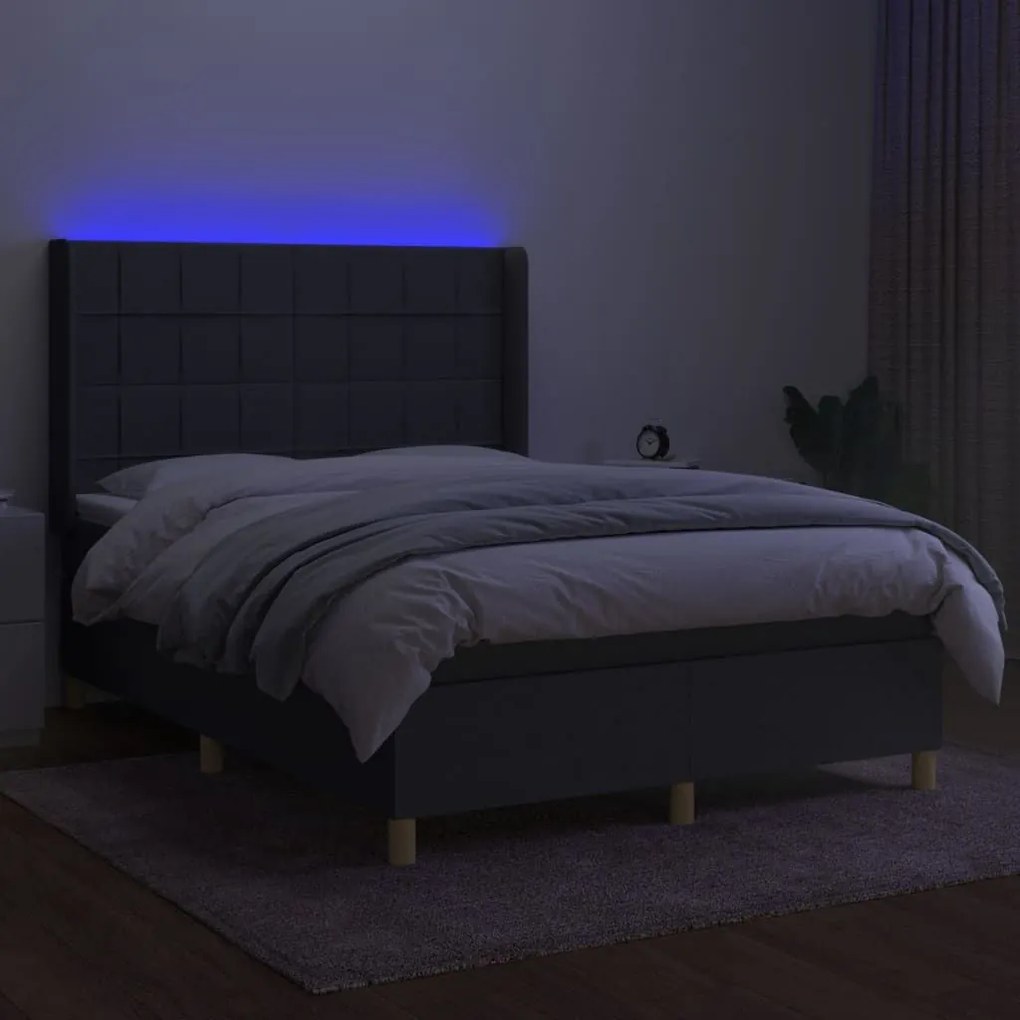 Κρεβάτι Boxspring με Στρώμα &amp; LED Σκ.Γκρι 140x200 εκ Υφασμάτινο - Γκρι