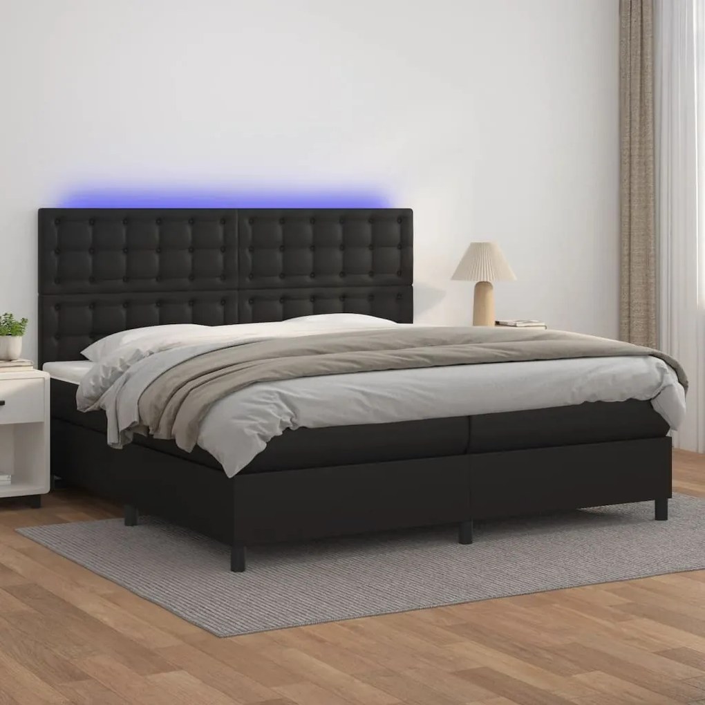 vidaXL Κρεβάτι Boxspring με Στρώμα & LED Μαύρο 200x200 εκ. Συνθ. Δέρμα