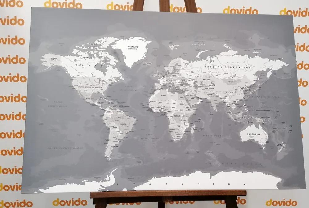 Εικόνα στο φελλό με κομψό vintage ασπρόμαυρο παγκόσμιο χάρτη - 90x60  arrow