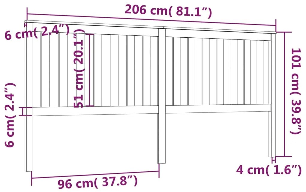 vidaXL Κεφαλάρι Κρεβατιού Μαύρο 206x6x101 εκ. Μασίφ Ξύλο Πεύκου