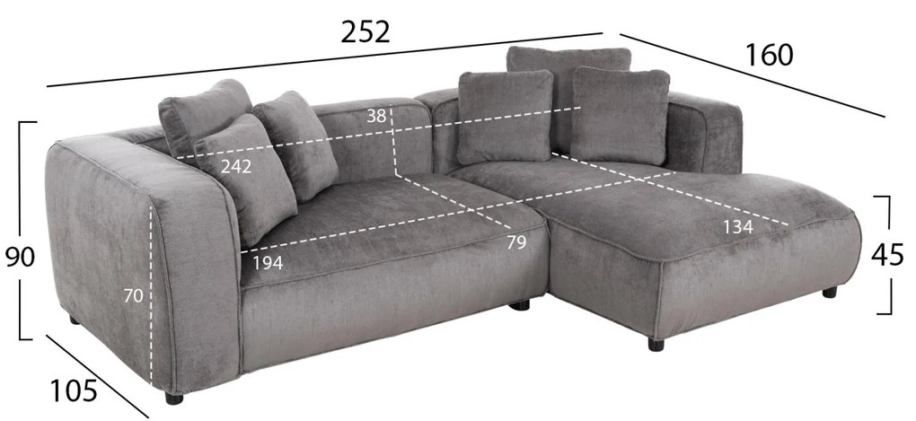 Γωνιακός Καναπές GRACE C3280.03R Δεξιά Γωνία σε Γκρί ύφασμα 252x160x90Υεκ. 252x160x90 εκ.