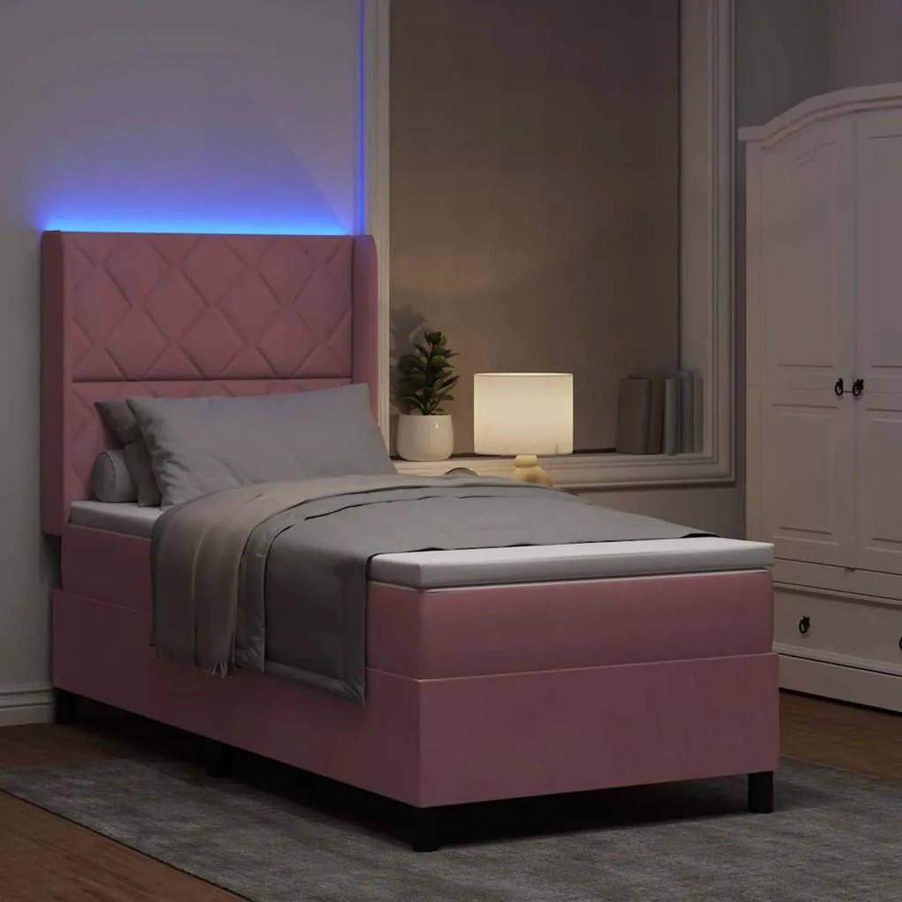 vidaXL Κρεβάτι Box Spring LED με Στρώμα Ροζ 90 x 200 cm Βελούδο