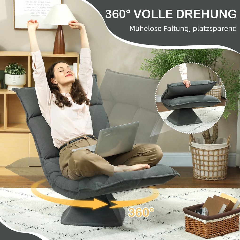 HOMCOM Πολυθρόνα δαπέδου με 5-θέσια ρυθμιζόμενη πλάτη, περιστρεφόμενη, μοντέρνα πολυθρόνα, Σκούρο Γκρι