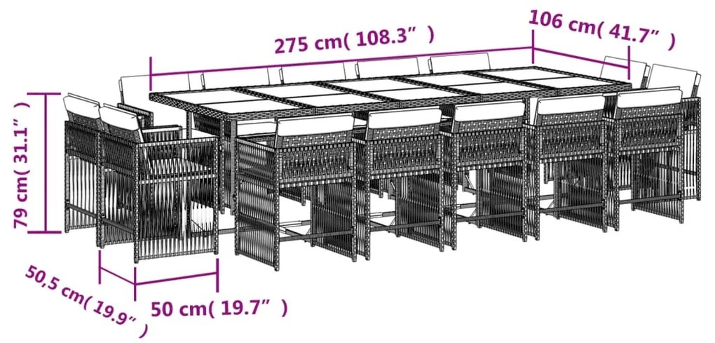 vidaXL Σετ Τραπεζαρίας Κήπου 15 τεμ. Γκρι Συνθετικό Ρατάν με Μαξιλάρια