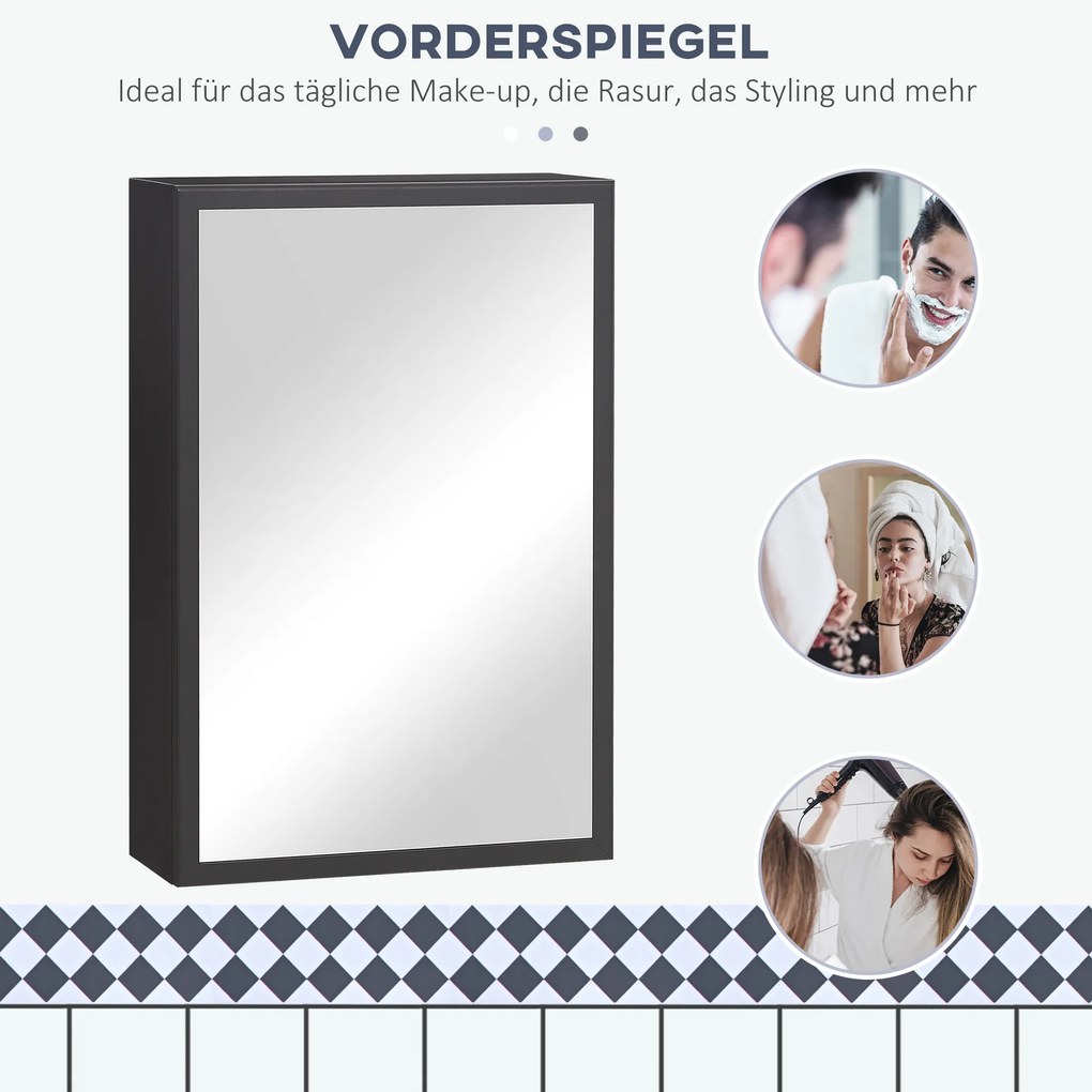 Ντουλάπι καθρέφτης kleankin, 3 ράφια, ήπιοι μεντεσέδες, ατσάλινο περίβλημα, μαύρο, 40 x 15 x 60 εκ.