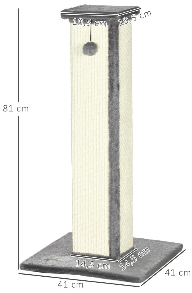 PawHut Δέντρο για γάτες, με μπάλα παιχνιδιού, βελούδο, σιζάλ, 41 cm x 41 cm x 81 cm, κρεμ + γκρι