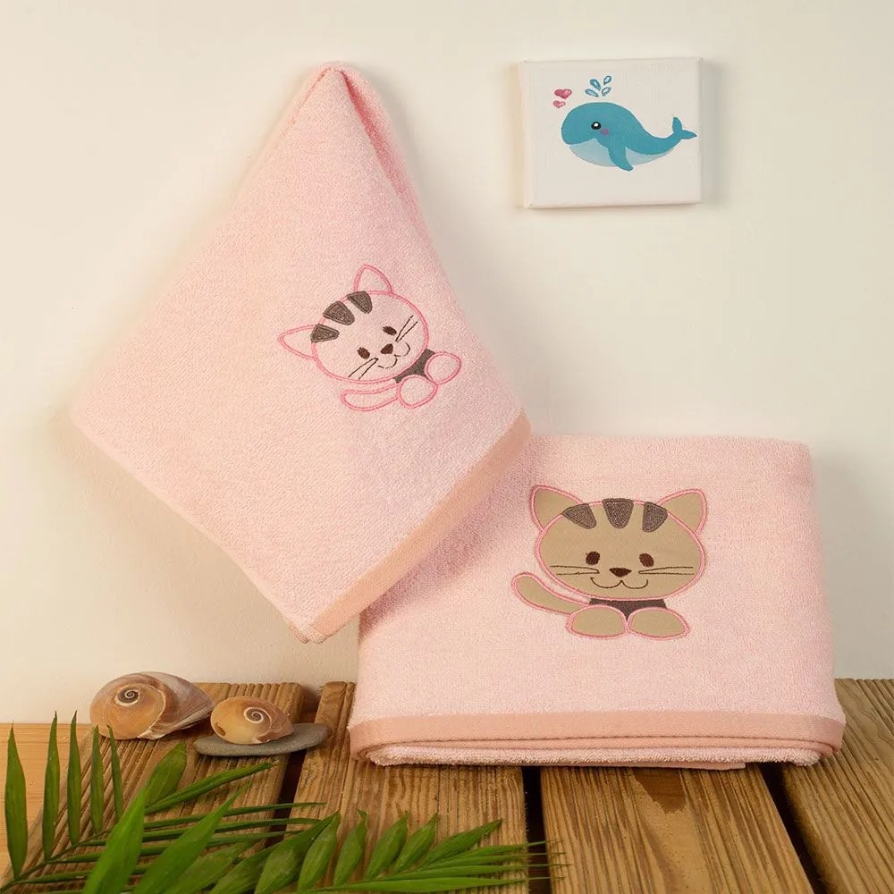 Πετσέτες Βρεφικές Με Κέντημα Kitty 136 (Σετ 2τμχ) Pink DimCol Towels Set 70x140cm 100% Βαμβάκι