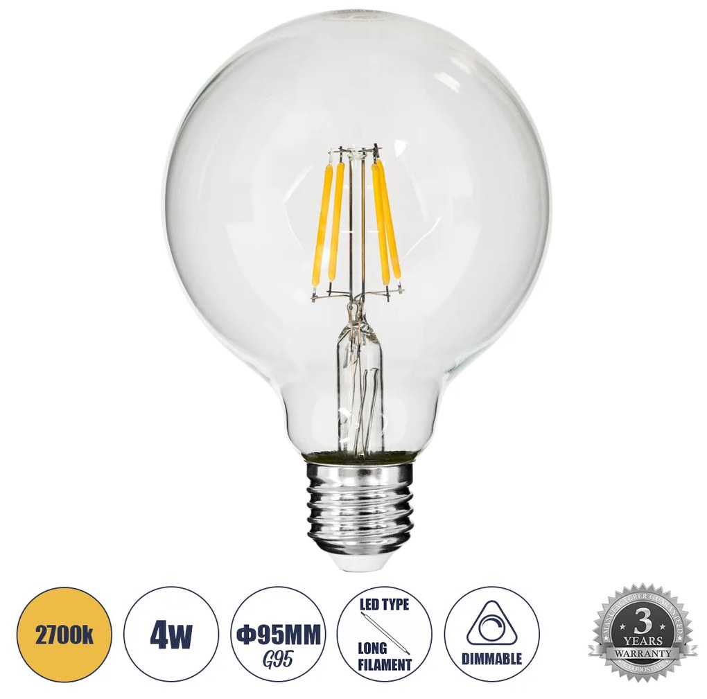 GloboStar® 99009 Λάμπα LED Long Filament E27 G95 Γλόμπος 4W 400lm 360° AC 220-240V IP20 Φ9.5 x Υ13.5cm Θερμό Λευκό 2700K με Διάφανο Γυαλί - Dimmable - 3 Years Warranty