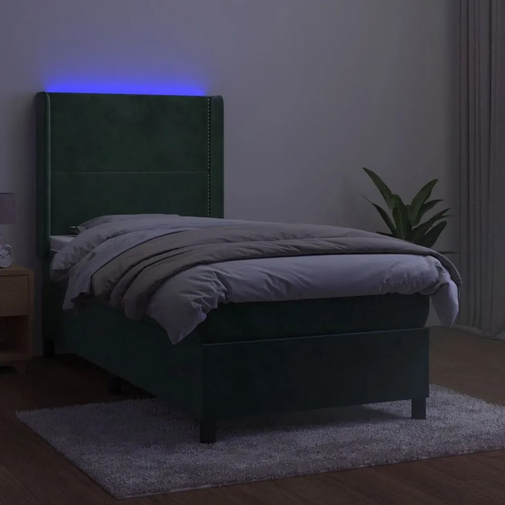 Κρεβάτι Boxspring με Στρώμα &amp; LED Σκ. Πράσινο 100x200εκ Βελούδο - Πράσινο