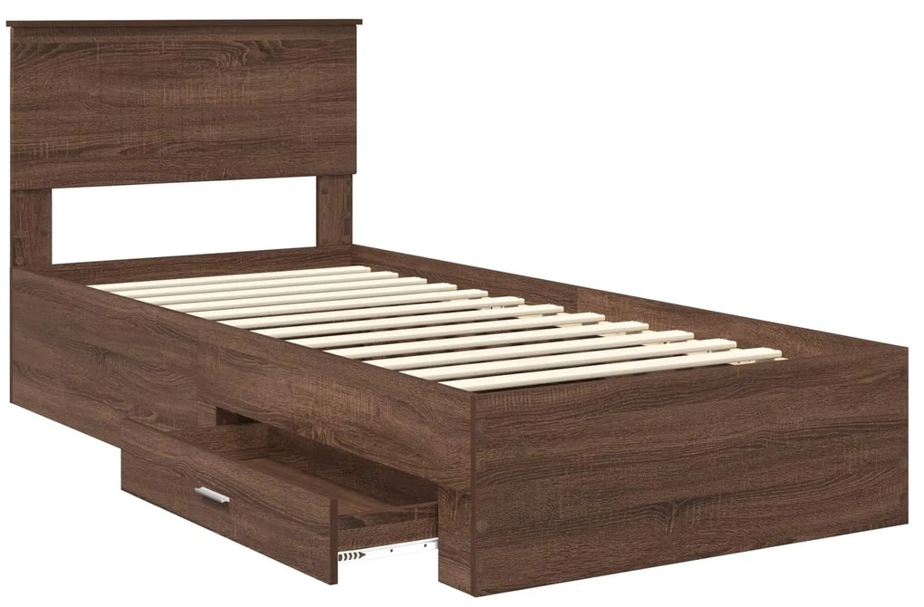 vidaXL Σκελετός Κρεβατιού με συρτάρι Καφέ Δρύινο και Ασημί 90 x 190 cm