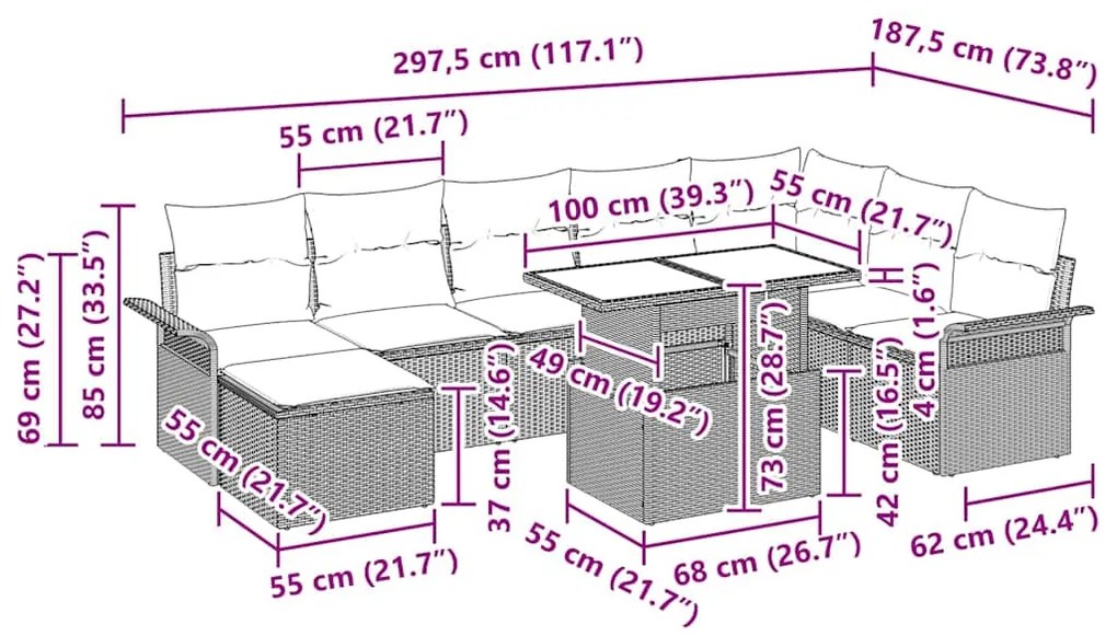 vidaXL Σετ Καναπέ Κήπου με μαξιλάρι 9 pcs Μπεζ, Ανοιχτό Γκρι