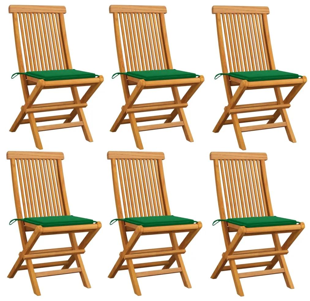 Καρέκλες Κήπου 6 τεμ. από Μασίφ Ξύλο Teak με Πράσινα Μαξιλάρια