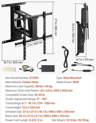 VEVOR Motorized TV Wall Mount, 32-65 in Electric Fireplace TV Wall Mount Black