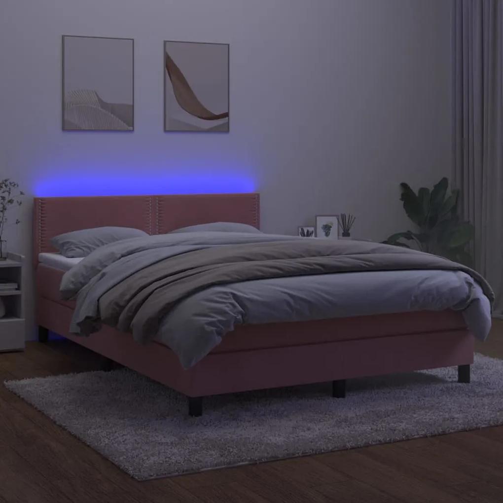 vidaXL Κρεβάτι Boxspring με Στρώμα & LED Ροζ 140x200 εκ. Βελούδινο