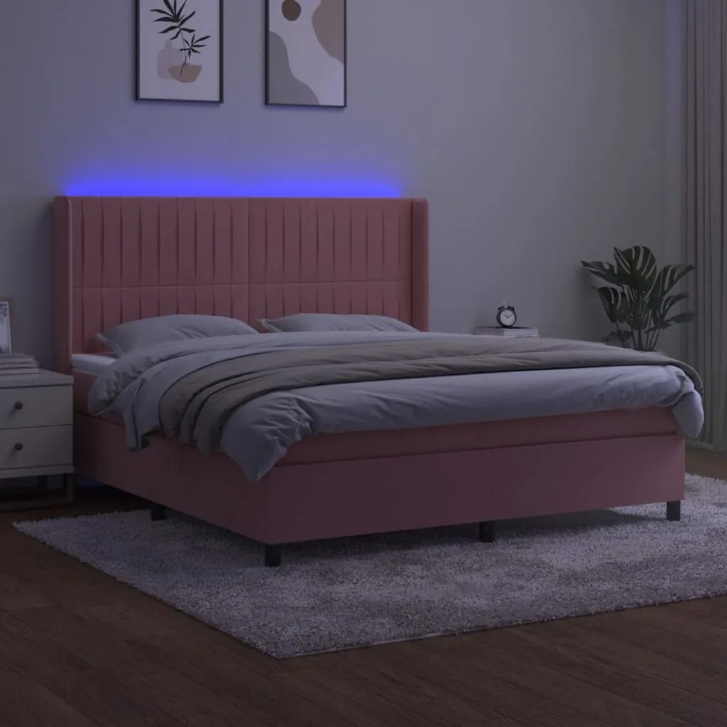 vidaXL Κρεβάτι Boxspring με Στρώμα &amp; LED Ροζ 160x200 εκ. Βελούδινο