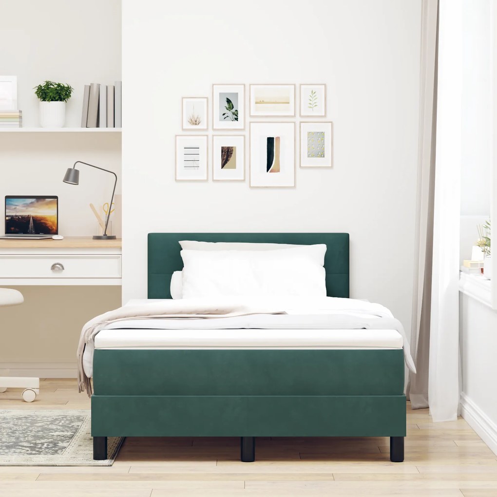 vidaXL Κρεβάτι Box Spring με Ματράς & LED Σκούρο Πράσινο 120x190 εκ. Βελούδο
