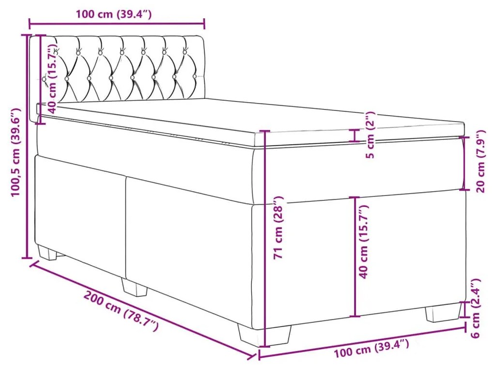 Κρεβάτι Boxspring με Στρώμα Ανοιχτό Γκρι 100x200 εκ. Βελούδινο - Γκρι
