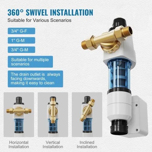 VEVOR Spin Down Filter, 40 Micron Whole House Sediment Filter for Well Water, 3/4&quot; G-M + 1&quot; G-M + 3/4&quot; G-F, 4 T/H High Flow Rate, for Whole House Water Filtration Systems, Well Water Sediment Filter