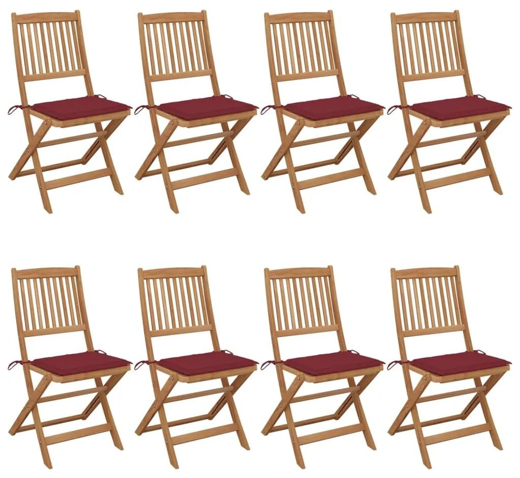 Καρέκλες Κήπου Πτυσσόμενες 8 τεμ Μασίφ Ξύλο Ακακίας &amp; Μαξιλάρια - Κόκκινο