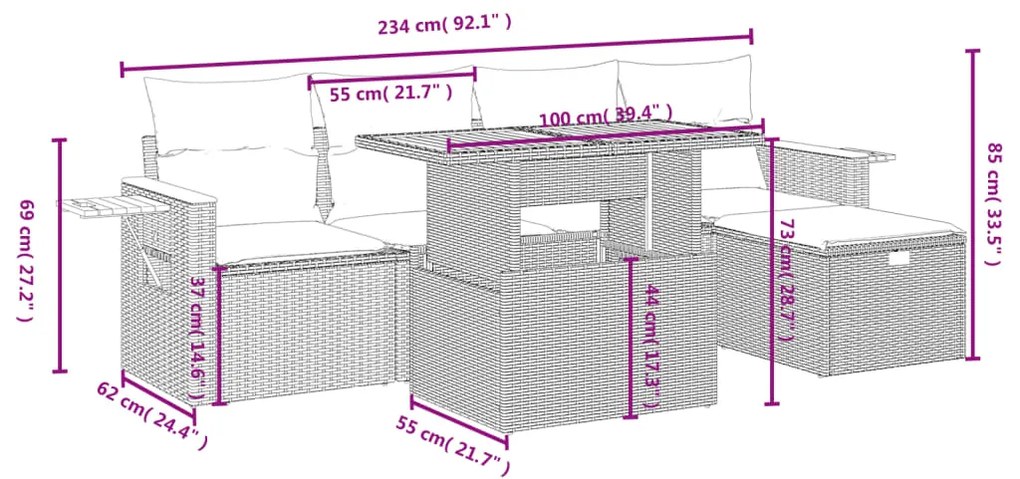 Σαλόνι Κήπου 6 Τεμαχίων από Γκρι Συνθετικό Ρατάν με Μαξιλάρια - Γκρι