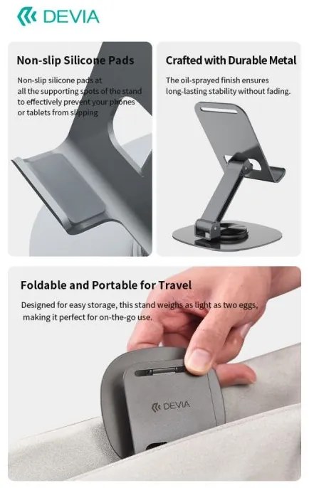 Devia folding holder stand EL243 for phone tablet rotating 360 gray metal