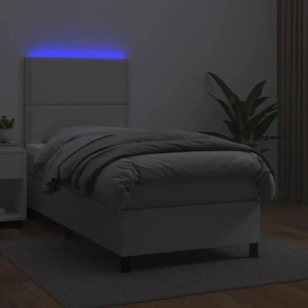 vidaXL Κρεβάτι Boxspring με Στρώμα & LED Λευκό 90x190 εκ. Συνθ. Δέρμα