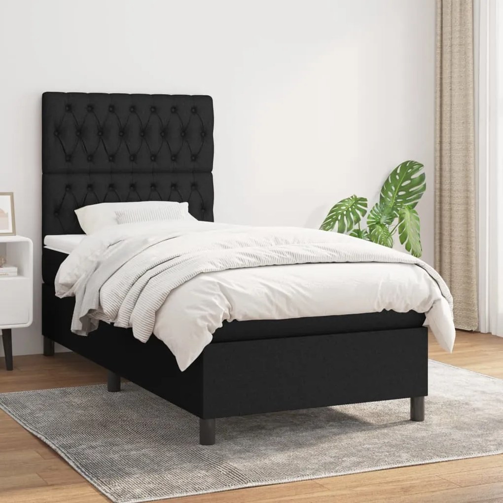 vidaXL Κρεβάτι Boxspring με Στρώμα Μαύρο 90x190 εκ.Υφασμάτινο