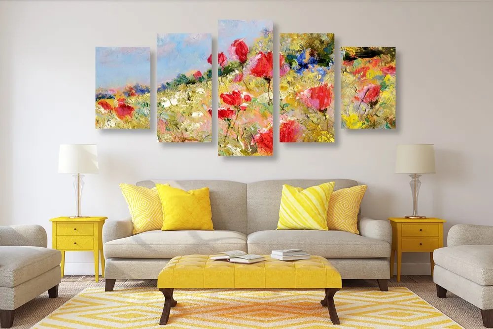 Εικόνα 5 μερών ζωγραφισμένες παπαρούνες στο λιβάδι - 200x100