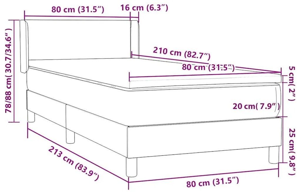 Κρεβάτι Boxspring με Στρώμα Ανοιχτό Γκρι 80x210 εκ. Βελούδινο - Γκρι