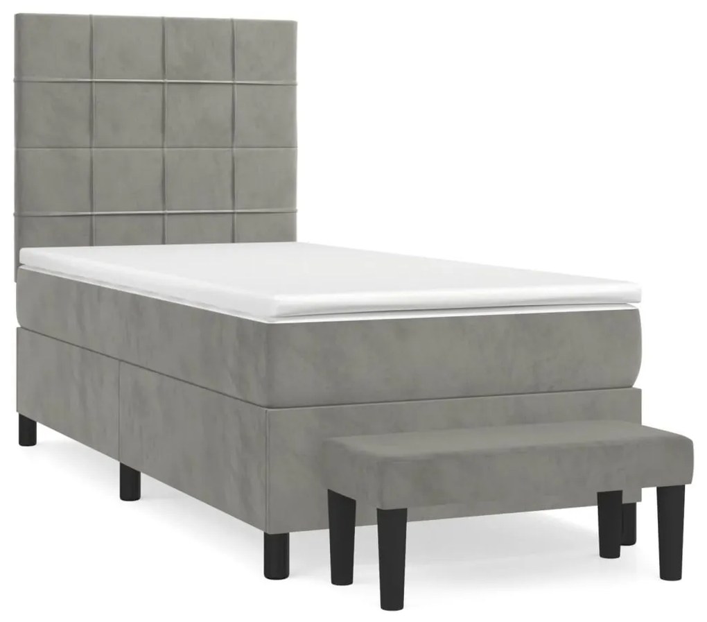 Κρεβάτι Boxspring με Στρώμα Ανοιχτό Γκρι 90x190 εκ. Βελούδινο - Γκρι