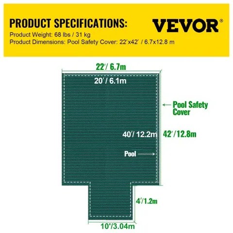 VEVOR Pool Safety Cover Fits 20x40ft Rectangle Inground Pools, Safety Pool Cover with 4x10ft Center End Step, Mesh Solid Pool Cover with Drainage Holes for Swimming Pool, Winter Safety Cover, Green