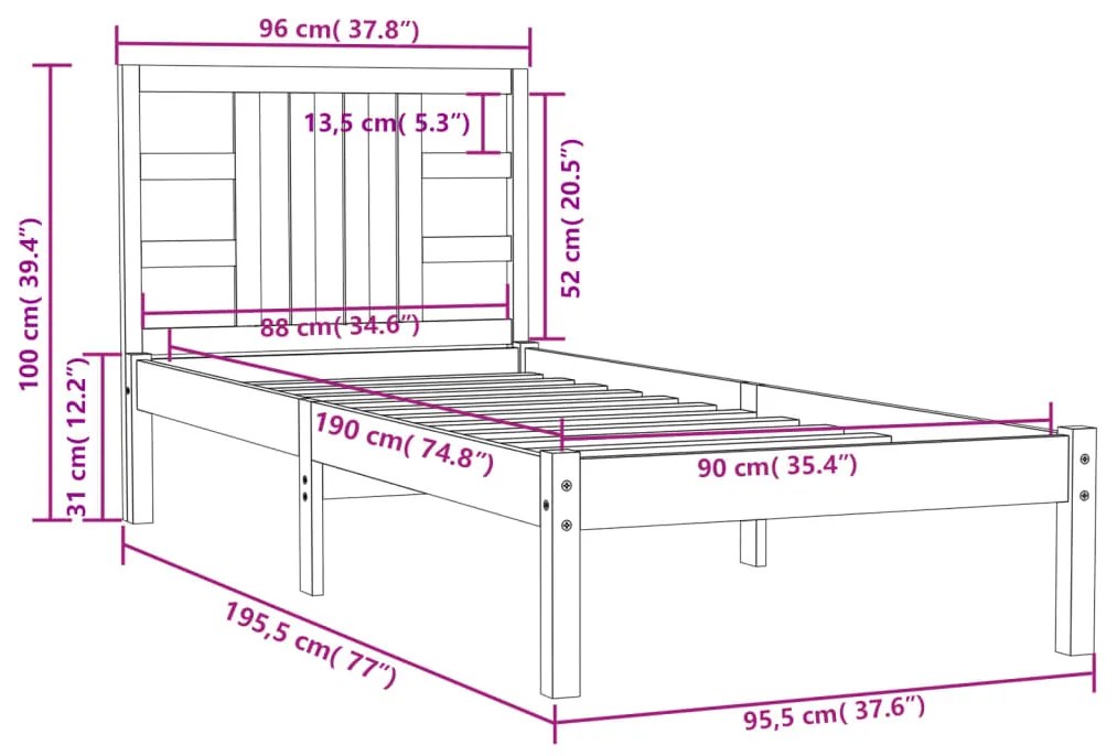 vidaXL Πλαίσιο Κρεβατιού 90 x 190 εκ. από Μασίφ Ξύλο Single