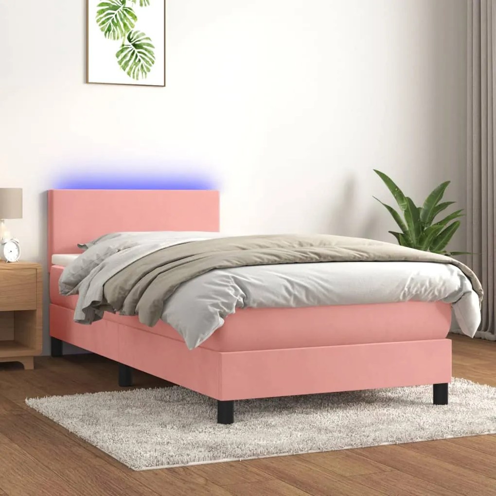 vidaXL Κρεβάτι Boxspring με Στρώμα & LED Ροζ 90x200 εκ. Βελούδινο