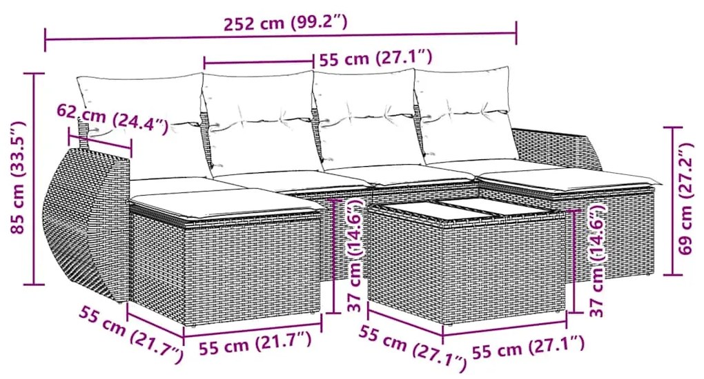 vidaXL Καναπές Σετ 7 Τεμαχίων Μαύρο Συνθετικό Ρατάν με Μαξιλάρια
