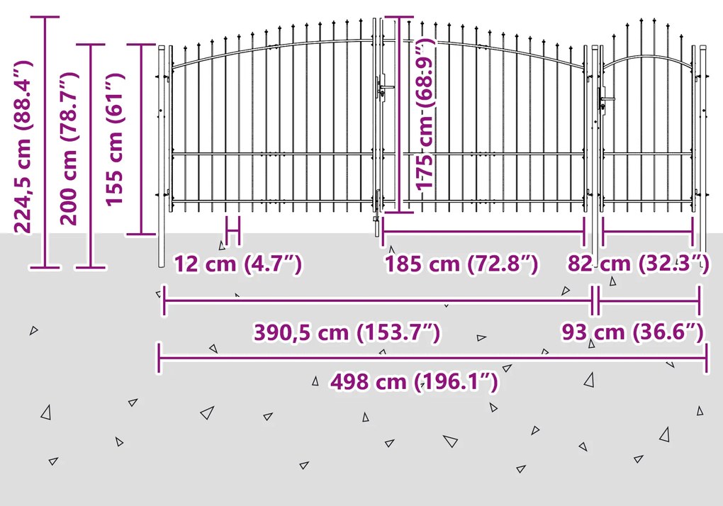 vidaXL Πύλη Κήπου με Αιχμές Γκρι 175x500 εκ Χάλυβας