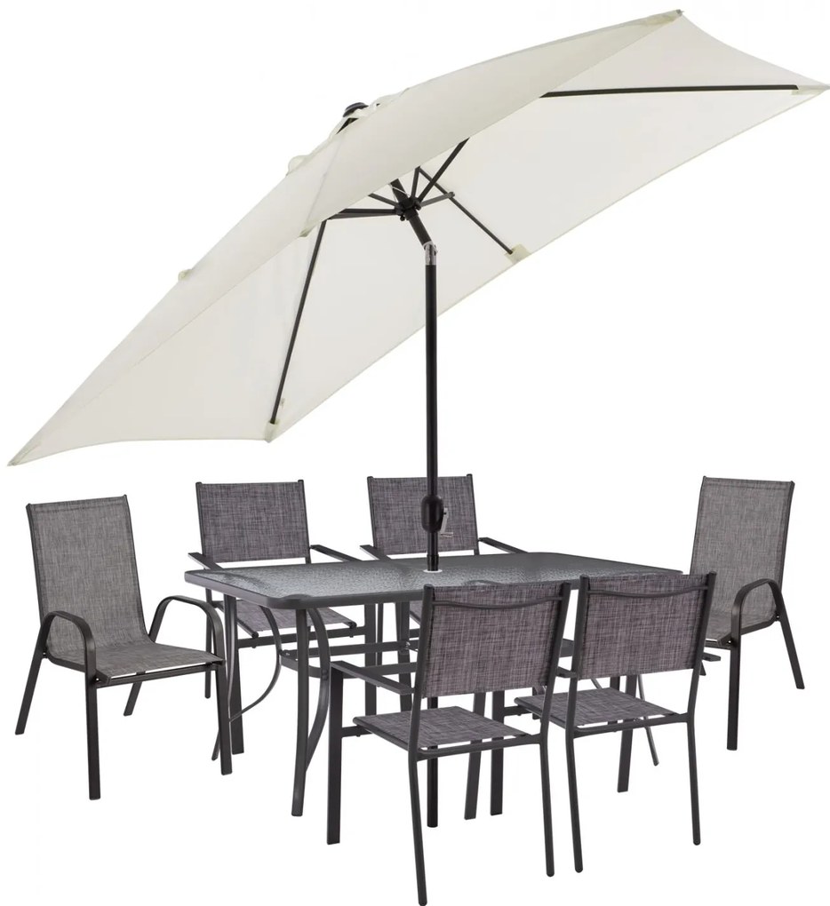 Σετ Κήπου Τραπεζαρία HM11484 8 τεμ Γκρί με Ομπρέλα Μπέζ & Τραπέζι 150x90x75 εκ. με 6 Καρέκλες Textline