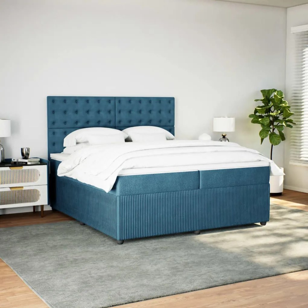 vidaXL Κρεβάτι Boxspring με Στρώμα Μπλε 200x200 εκ. Βελούδινο