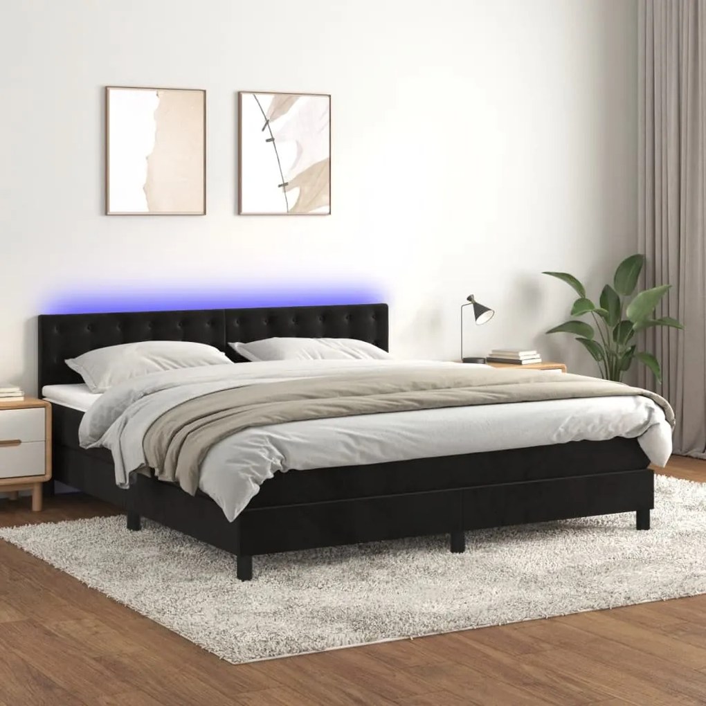 vidaXL Κρεβάτι Boxspring με Στρώμα &amp; LED Μαύρο 180x200 εκ. Βελούδινο